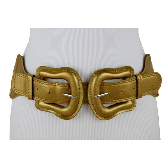 Women Trendy Gold Wide Stretch Waistband Bling Belt Big Double Buckles