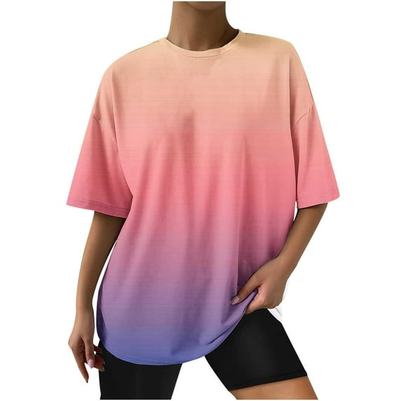 Women Trendy Graphic Print Tee Shirt Oversized Short Sleeve Crew Neck Drop Shoulder Casual Blouse T-Shirt Tops Pullover