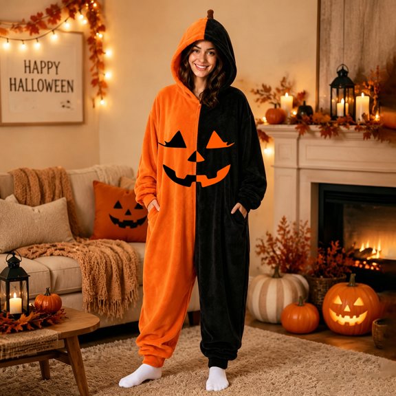Women Trendy Halloween Pumpkin Face Prints Plush Flannel Hooded Jumpsuit Zip Front Festive Loungewear Brown 2XL