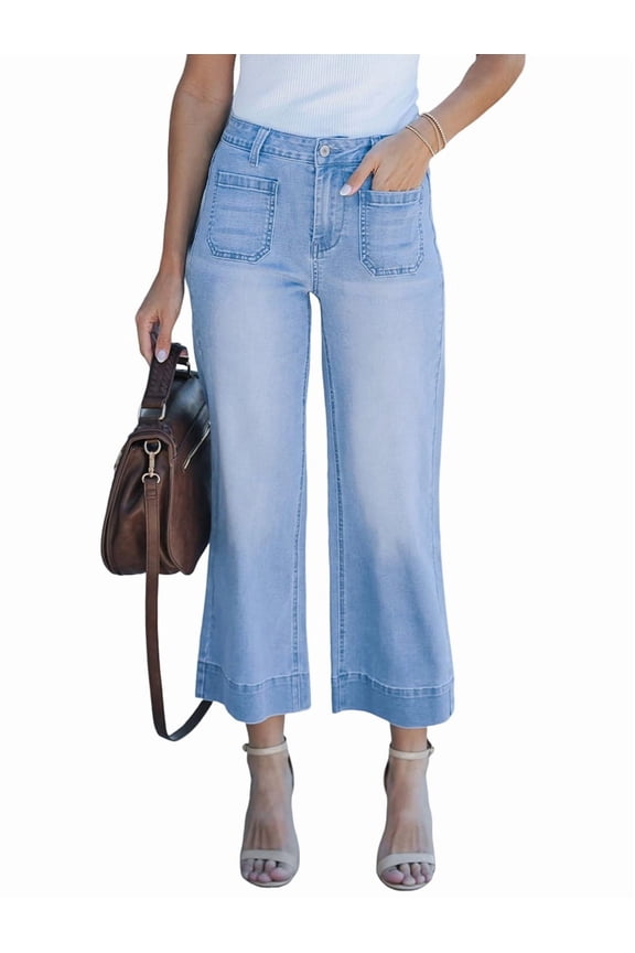 Women Trendy High Waisted Flare Wide Leg Jeans Cropped Denim Pants Stretchy Baggy with Patch Pockets Light Blue L