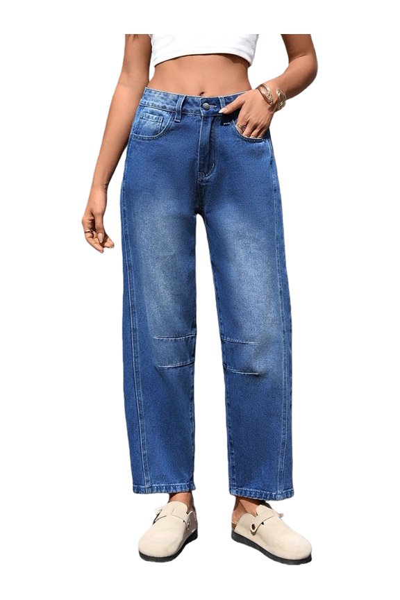 Women Trendy High Waisted Wide Leg Stretchy Baggy Ankle Denim Pants with Pockets Deep Blue XXL