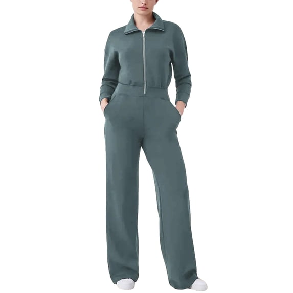 Women Trendy Homewear Loose Relaxed Overalls Jumpsuit Fashion Olyvenn Womens Casual Long Sleeve Zipper Turn-down Collar Bodycon Solid Wide Legging Jumpsuit Rompers With Pocket Light Blue S