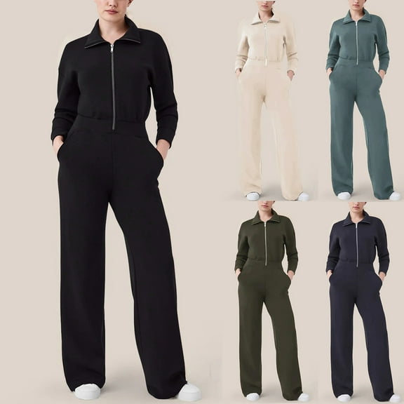 Women Trendy Homewear Loose Relaxed Overalls Jumpsuit Fashion Olyvenn Womens Casual Long Sleeve Zipper Turn-down Collar Bodycon Solid Wide Legging Jumpsuit Rompers With Pocket Army Green S