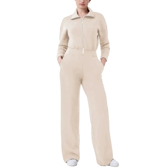 Women Trendy Homewear Loose Relaxed Overalls Jumpsuit Rollback Olyvenn Womens Casual Long Sleeve Zipper Turn-down Collar Bodycon Solid Wide Legging Jumpsuit Rompers With Pocket Beige XL