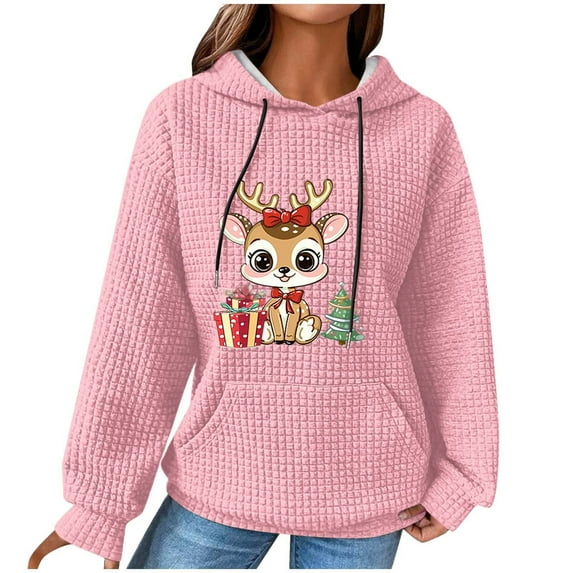 Women Trendy Hoodies Plus Size S-5XL Waffle Knit Christmas Sweatshirt Pink Hooded Pullover Sweater with Pocket (L, Pink 01)