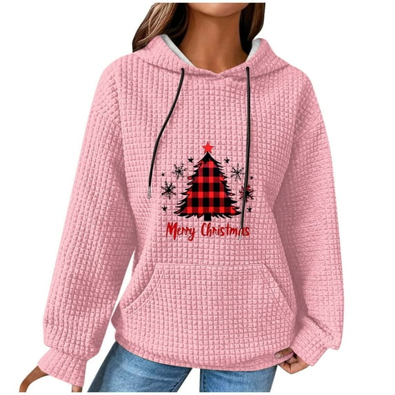 Women Trendy Hoodies Plus Size S-5XL Waffle Knit Christmas Sweatshirt Pink Hooded Pullover Sweater with Pocket (M, Pink 07)