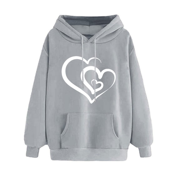 Women Trendy Hoodies with Front Pocket Love Heart Print Loose Casual Hooded Sweatshirt Pullover Fall Winter Tops (2XL, Gray)