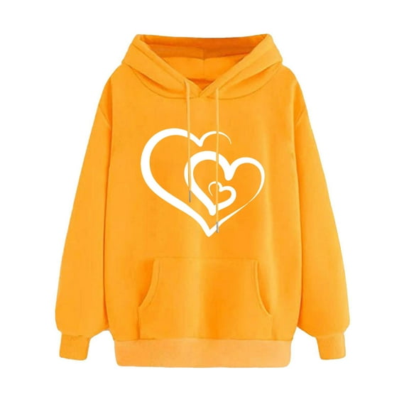 Women Trendy Hoodies with Front Pocket Love Heart Print Loose Casual Hooded Sweatshirt Pullover Fall Winter Tops (XL, Yellow)
