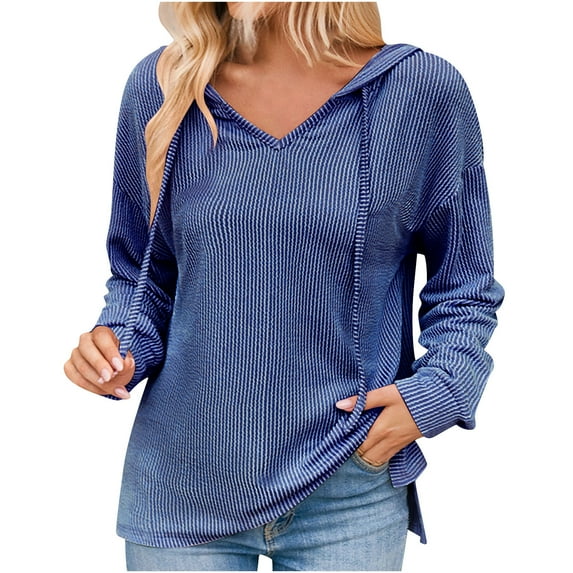 Women Trendy Knitwear Stripe Jumper Pullover Drawstring Hooded Sweater V Neck Knit Shirts Long Sleeve Sweaters Casual Cozy Clothing Fall Winter Garments