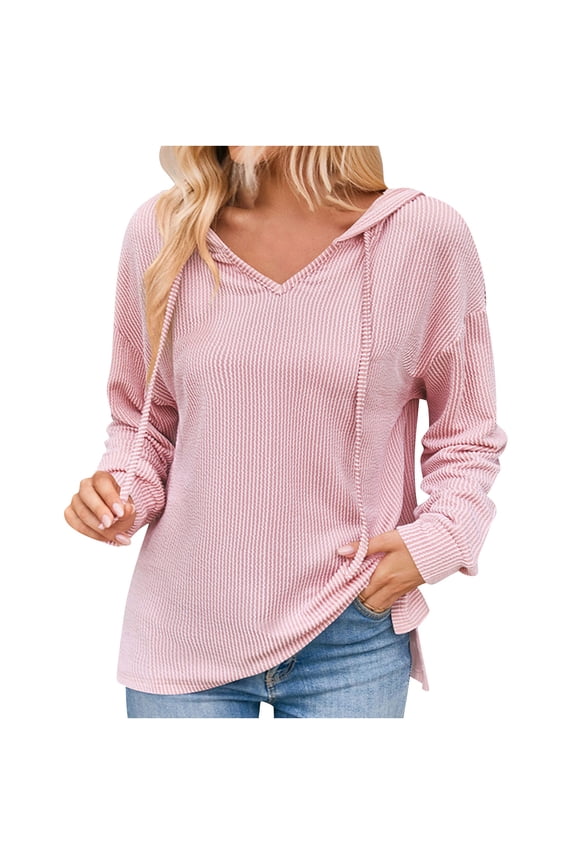 Women Trendy Knitwear Stripe Jumper Pullover Drawstring Hooded Sweater V Neck Knit Shirts Long Sleeve Sweaters Casual Cozy Clothing Fall Winter Garments