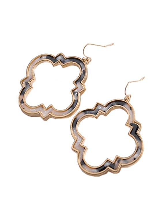 Women Trendy Morocco Frame Tortoise Shell Leopard Statement Dangle Earrings (Black+White)