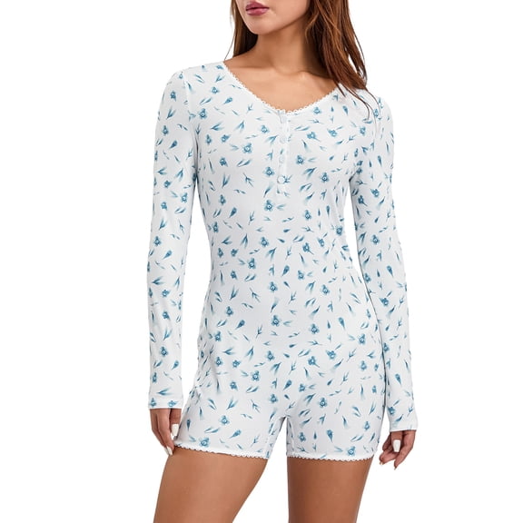 Women Trendy Playsuit, Floral Print V Neck Button-Down Long Sleeve Tight Rompers Shorts for Ladies