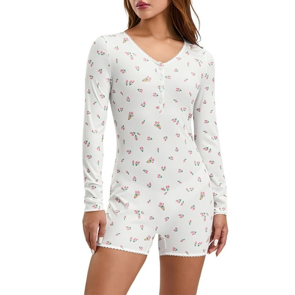 Women Trendy Playsuit, Floral Print V Neck Button-Down Long Sleeve Tight Rompers Shorts for Ladies