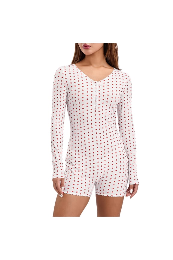 Women Trendy Playsuit, Floral Print V Neck Button-Down Long Sleeve Tight Rompers Shorts for Ladies