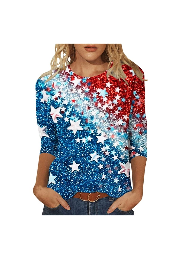 Women Trendy Print Top 3/4 Sleeve Crew-Neck Shirt American Patriotic Blouse (Lounge Street Wear)