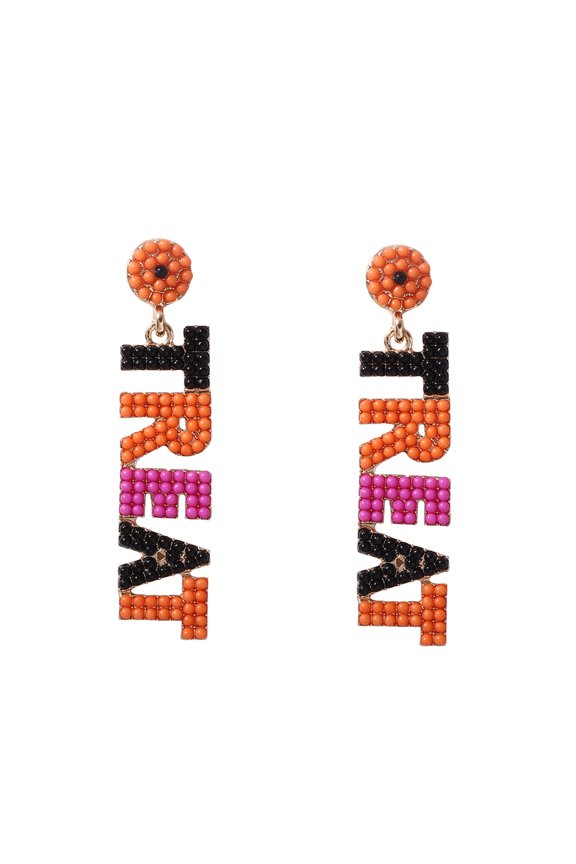 Women Trendy Rhinestone Halloween Earrings Beaded Trick Treat Letter Dangle Earrings Party Jewelry