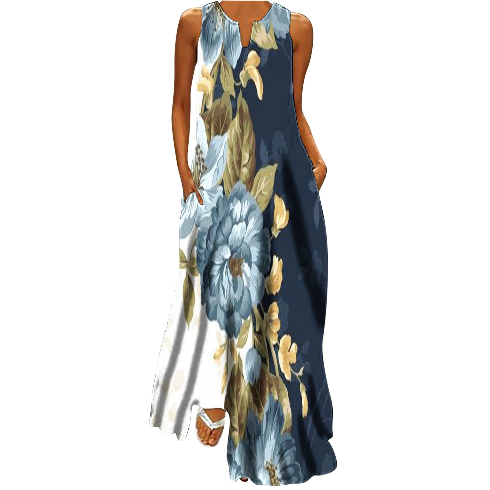 Fashion Floral Crew Neck Sleeveless Maxi Tank Dress