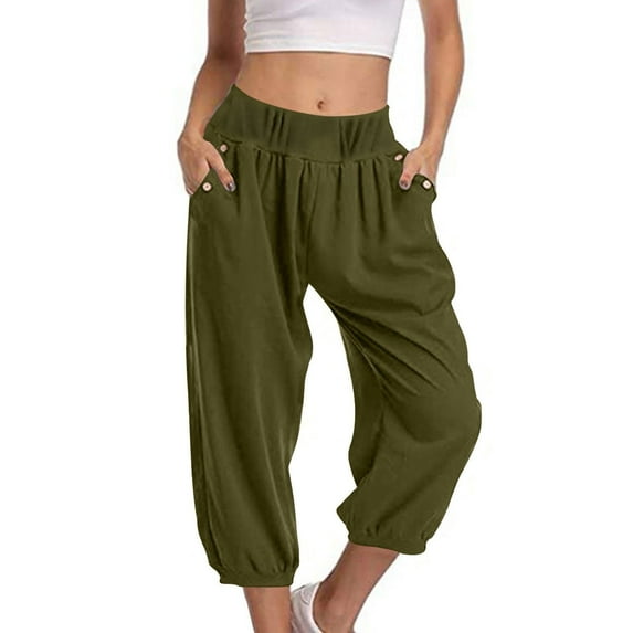 Women Trendy Summer Capri Pants Loose Baggy Cinch Bottom Tapered Pants with Pockets Drop Crotch Comfy Ankle Trousers