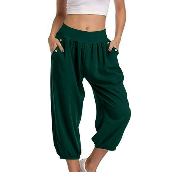 Women Trendy Summer Capri Pants Loose Baggy Cinch Bottom Tapered Pants with Pockets Drop Crotch Comfy Ankle Trousers