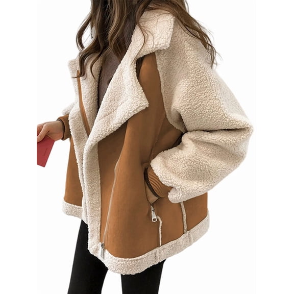 Women Trendy Winter Coat Faux Lamb Fur Leather Cropped Lambswool Biker Jacket Lapel Zipper Coat Khaki L