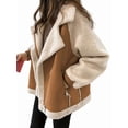 thumbnail image 1 of Women Trendy Winter Coat Faux Lamb Fur Leather Cropped Lambswool Biker Jacket Lapel Zipper Coat Khaki M, 1 of 7
