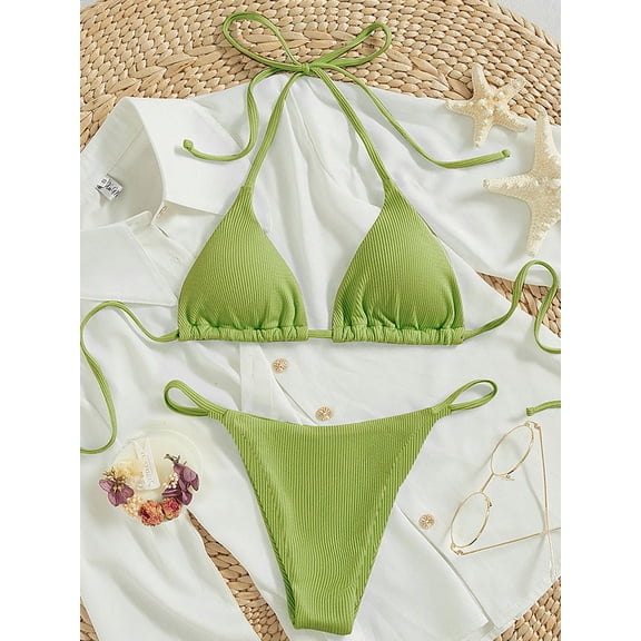 Women Triangle Halter Bikini Set High Cut String Thong Bathing Suit Self Tie Two Piece Swimsuit Swimwear for Womens Girls Green L