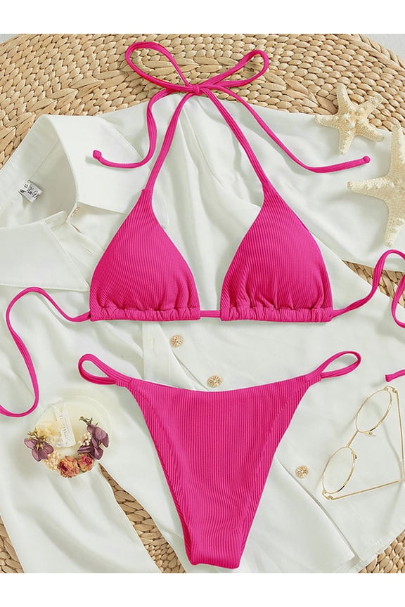 Women Triangle Halter Bikini Set High Cut String Thong Bathing Suit Self Tie Two Piece Swimsuit Swimwear for Womens Girls Hot-Pink L