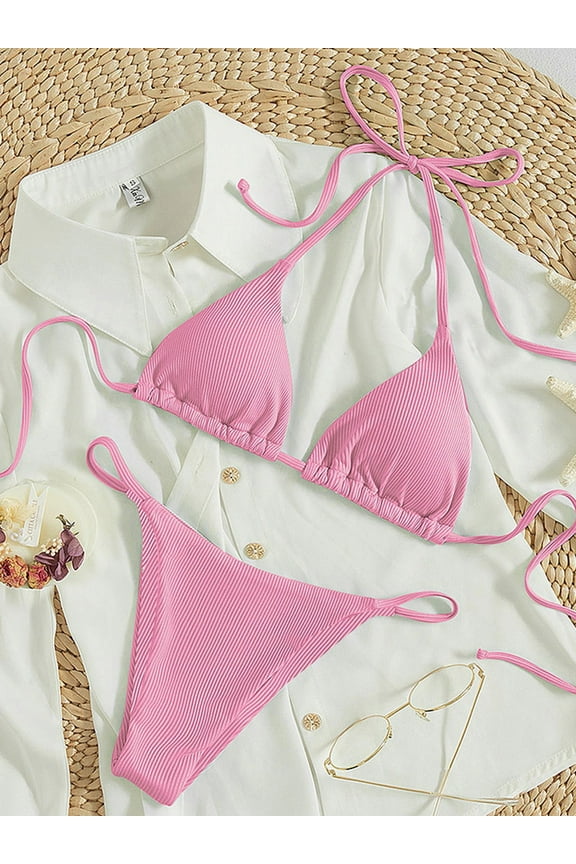 Women Triangle Halter Bikini Set High Cut String Thong Bathing Suit Self Tie Two Piece Swimsuit Swimwear for Womens Girls Pink XL