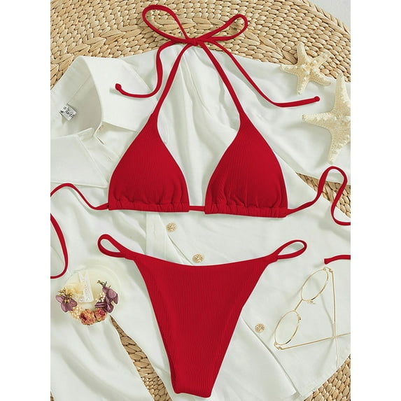 Women Triangle Halter Bikini Set High Cut String Thong Bathing Suit Self Tie Two Piece Swimsuit Swimwear for Womens Girls Red S