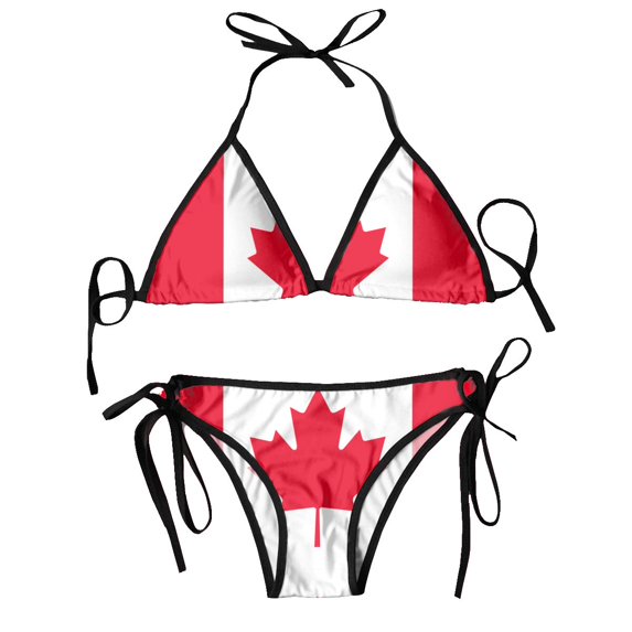 Women Triangle Swimsuit Lace-up Bikini Set Halter Swimwear Pushup Canada Flag