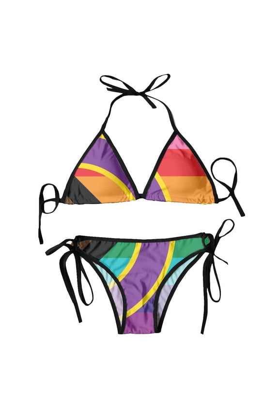 Women Triangle Swimsuit Lace-up Bikini Set Halter Swimwear Pushup Top View Of Flag