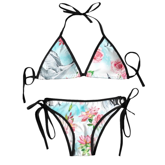 Women Triangle Swimsuit Lace-up Bikini Set Halter Swimwear Pushup Watercolor Cranes And Pink Roses