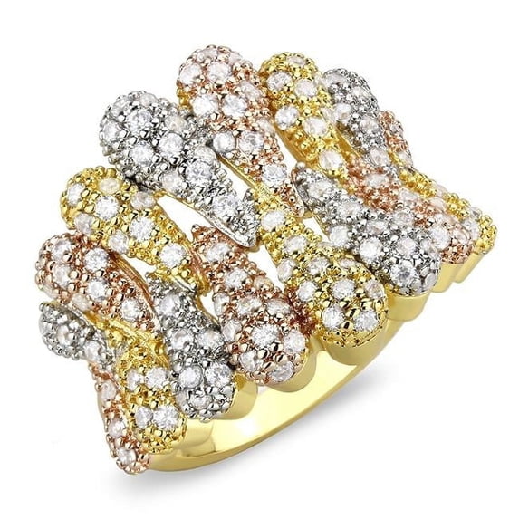 Women Tricolor Brass Ring with AAA Grade CZ in Clear - Size 7