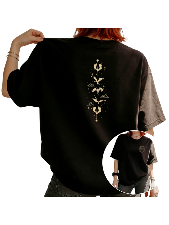 Women Trident Dragon Star Cloud Beige Line Art Vertical Back Print Graphic Tees T Shirt Tops Round-neck Printed Cotton T-Shirt Black S-5XL
