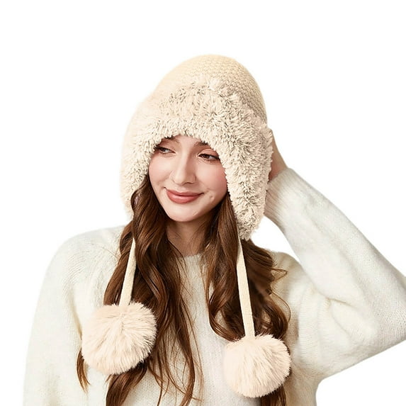 Women Triple Pom Pom Beanie - Plush Thick Knit Hat With Ear Flaps, Cute Fashion Warm Stocking Stuffers, Winter Gifts For Girls Teen Girls Christmas Christmas Gifts for Teens