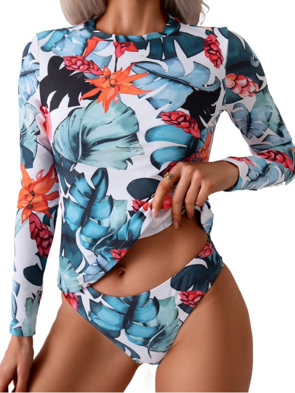 Women Tropical Floral Monstera Print Long Sleeve Rash Guard Set, Mock Neck Zipper Quick Dry Two Piece Surfing Bathing Suit