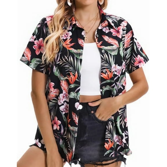 Women Tropical Shirt Summer Beach Hawaii Button Down Short Sleeve Blouses Floral Tops 2025 Tropical