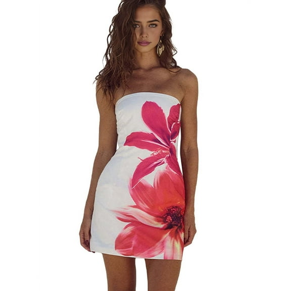Women Tropical Summer Dress Strapless Floral Midi Tube Bodycon Party Clubwear Rose Red M