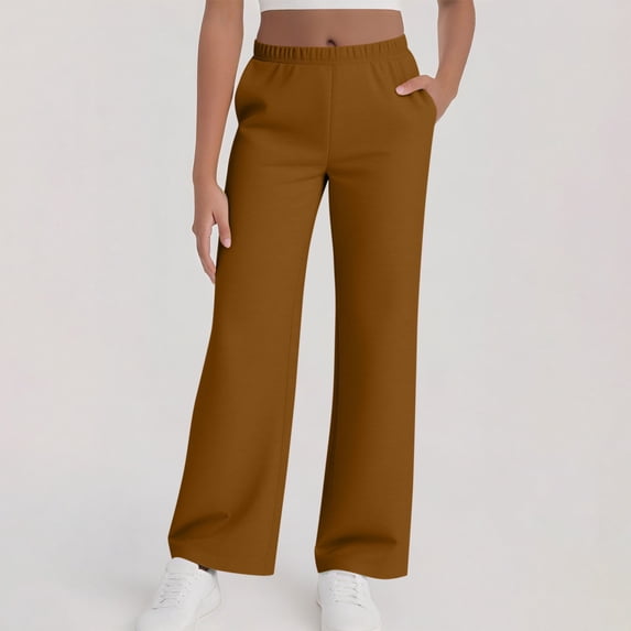 Women Trousers Elasticated High Waist Wide Leg Pants with Pockets Ladies Elegant Loose Lounge Palazzo Pants Brown XXL