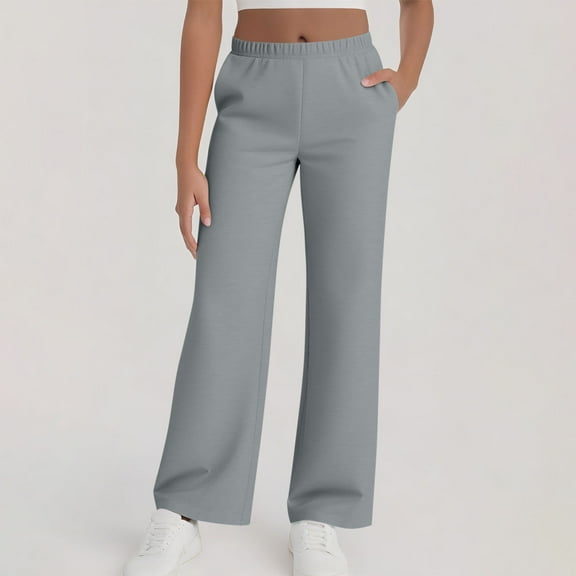 Women Trousers Elasticated High Waist Wide Leg Pants with Pockets Ladies Elegant Loose Lounge Palazzo Pants Gray L