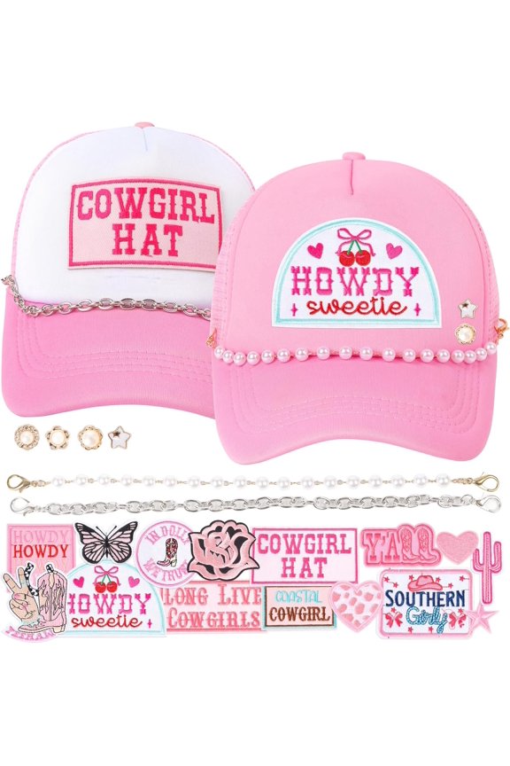 Women Trucker Hat Bulk: Western Adjustable Snapback Caps - Cowgirl DIY Hat Kit with Chains & Embroidered Patches