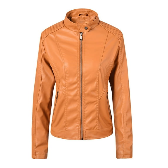 Women Trucker Jacket Faux Leather Utility Biker Jacket Zipper Lapel Collar Jacket Long Sleeve Leather Jacket Autumn Winter Coat Flight Bomber Jacket Ladies
