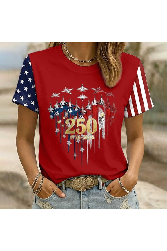 Women Tshirt Airplane And Alphabet Print Short Sleeve Crew Neck Top Women's Tops, Tees Red M