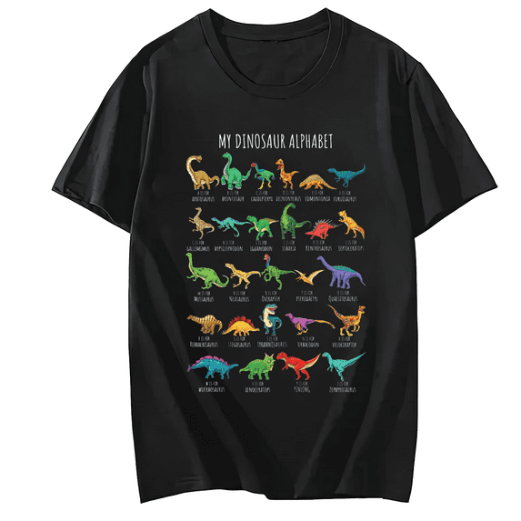 Women Tshirt Alphabet A-Z ABC Dino Identification Short Sleeve T-Shirt