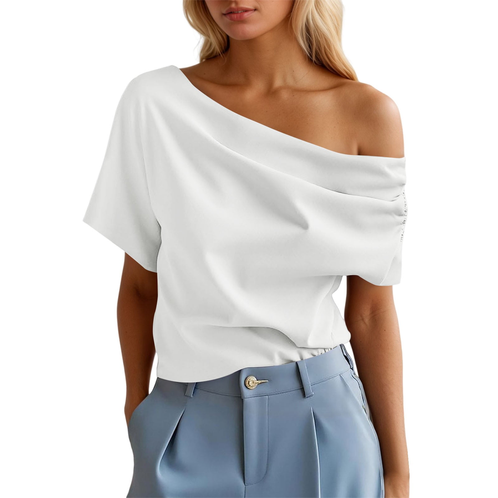 Women Tshirt Summer Solid Off Shoulder Top Asymmetrical Short