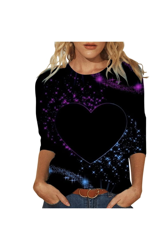 Women Tshirt Valentine's Day Heart Print Crewneck Three Quarter Sleeve T Shirt Women Soft 3D Printed Casual Holiday Top J XL