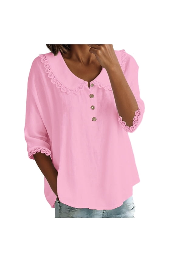 Womens Tshirts Button Doqn Front Lace Trim Solid Half Sleeve Henley Top Womens Tees Red XL
