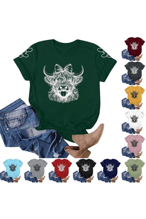 Women Tshirts Cow Print Round Neck Short Sleeve Casual Blouse Comfortable Womens Blouses Black XXL