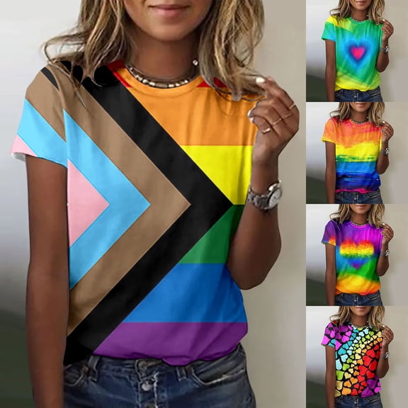 Women Tshirts Crew Neck Printed Short Sleeve Pride Rainbow Top Womens Tees Green S