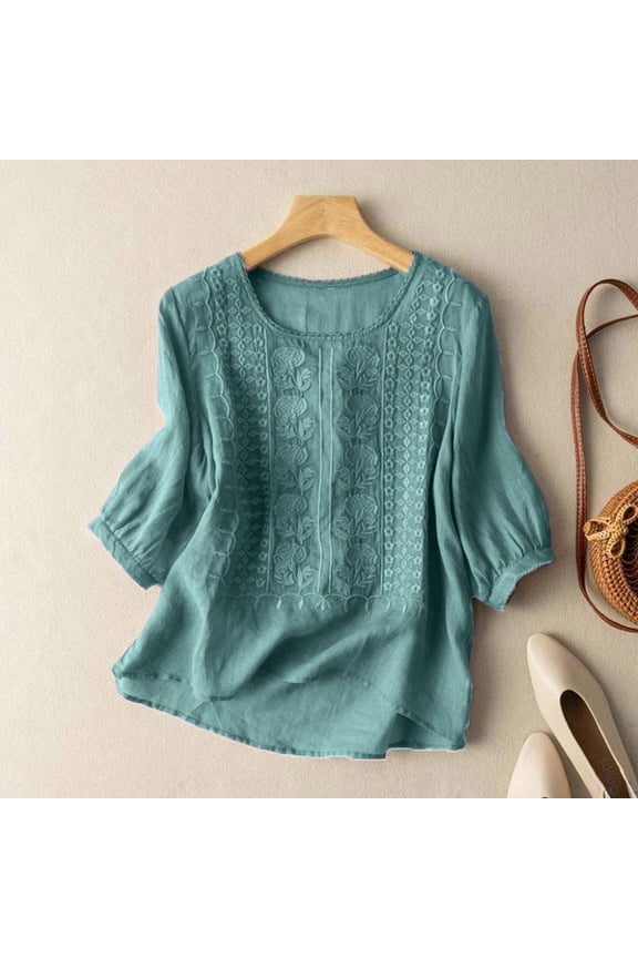 Women Tshirts Embroidery Loose Fit Solid Color Elbow Length Sleeve Top Women Tee Shirts Blue XL